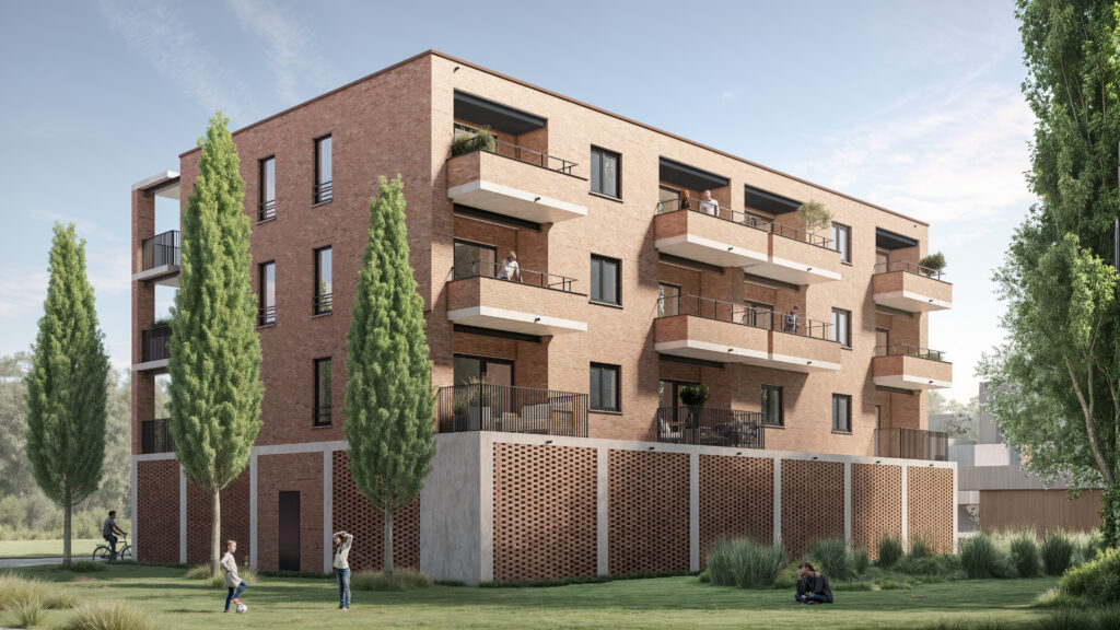 Render van Design & Build sociale woningbouw door DPS in Merelbeke voor Dimensa